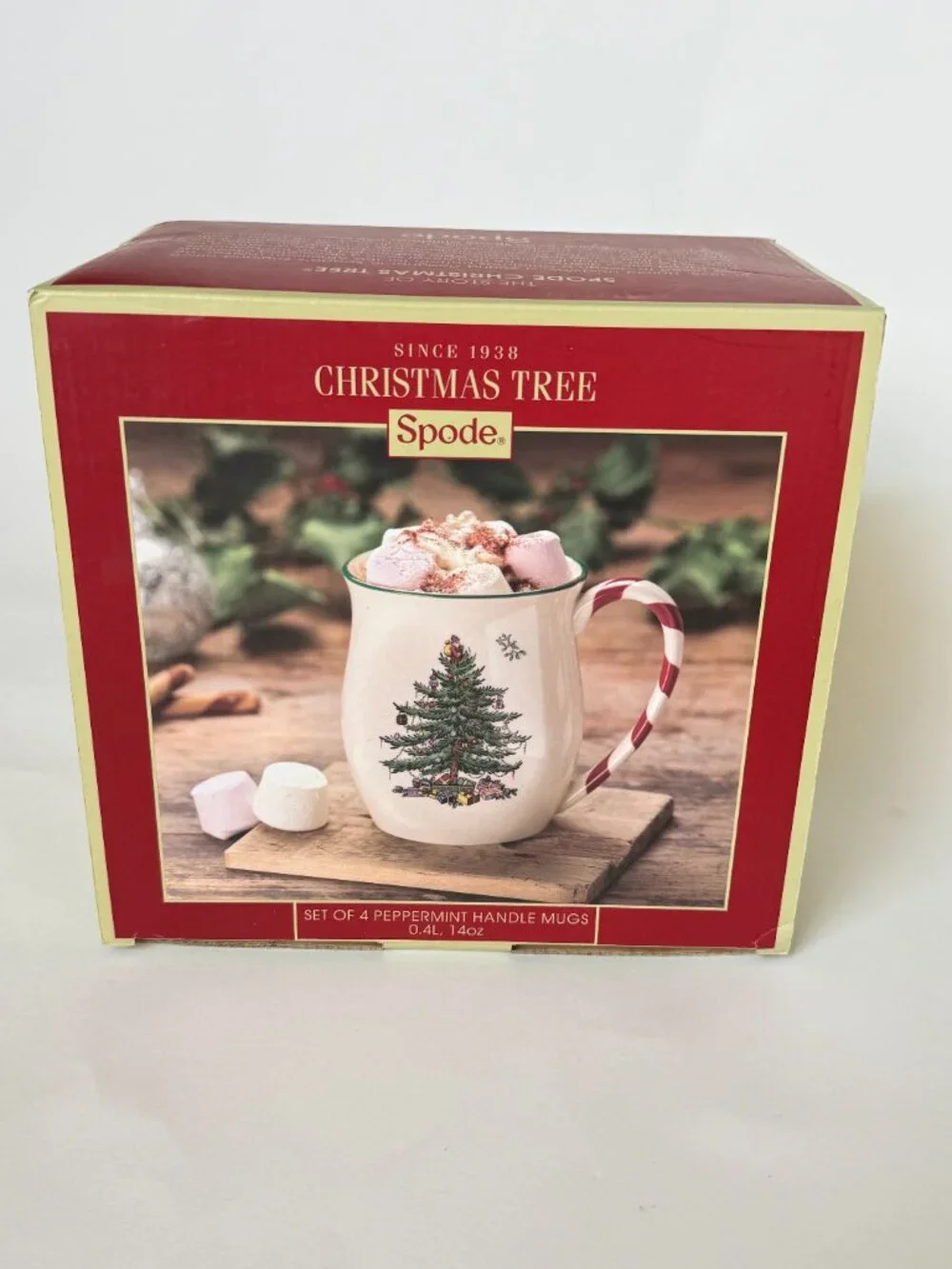 Spode Peppermint Handle Mugs Christmas Tree Set of 4 Candy Cane Santa 14 oz